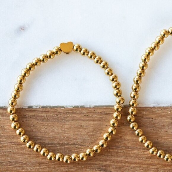 Gold Beaded Stretch Bracelet w/Heart Waterproof Stackable Jewelry Heart Bracelet - Picture 6 of 11